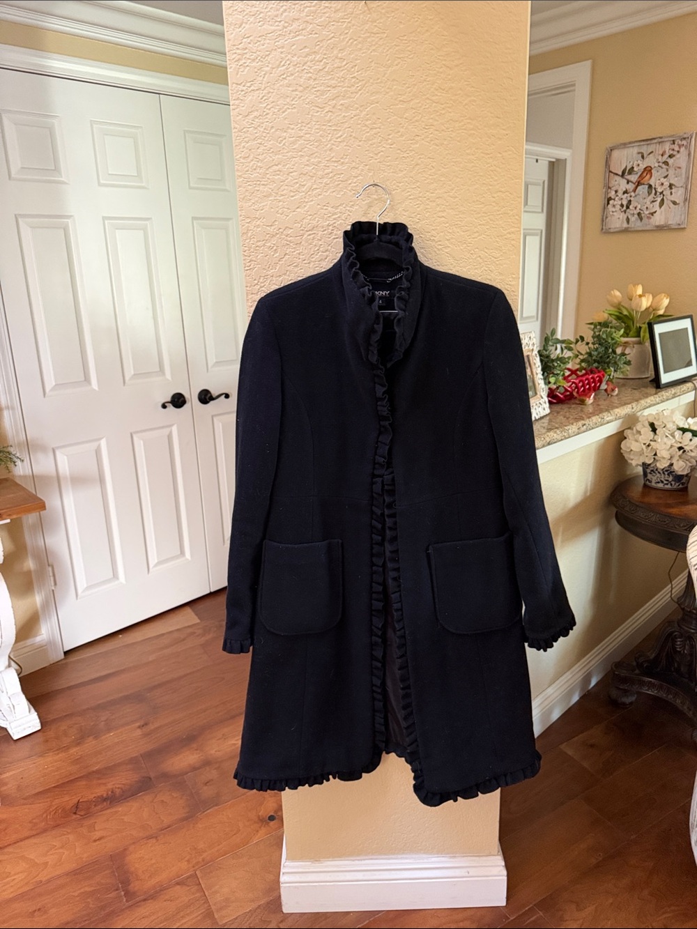 DKNY Black Ruffled-Trim Trench Coat